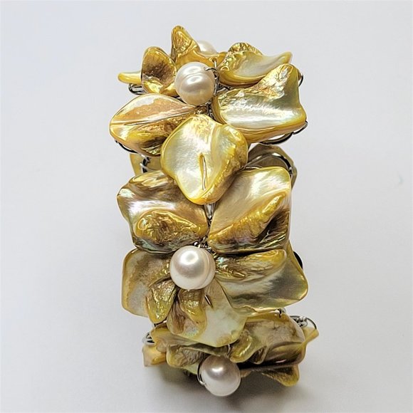 Yellow Shell and Pearl Adjustable Cuff Bracelet Bangle - NEW - Picture 7 of 13